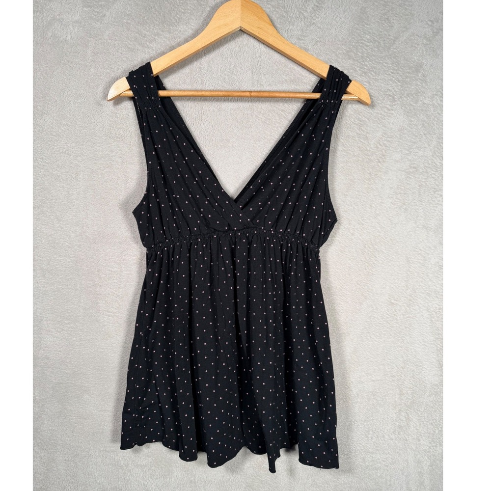 Y2K Lemon Tart Black Pink Polka Dot Babydoll Tank Top XL V-Neck Empire Waist